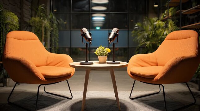 A dimly lit room with two orange chairs facing each other around a small table with a vase and microphones