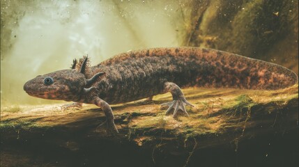 Obraz premium Underwater salamander portrait in a natural aquatic habitat environment