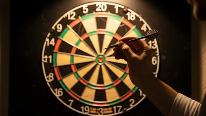 Obraz premium Dartboard competition perspective showing dart in hand ready to throw with focus on bullseye scoring target