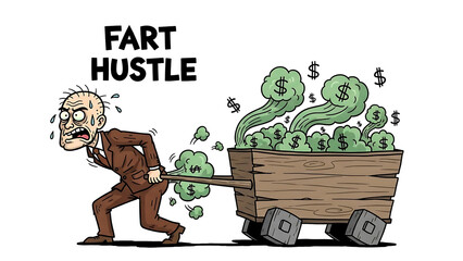 Man pulls a cart full of money, symbolizing the hustle for wealth and financial success