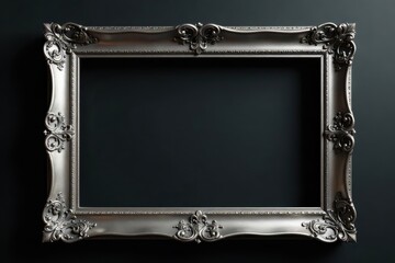 Elegant silver photo frame against black, retro style, isolated, silver-plated, photography