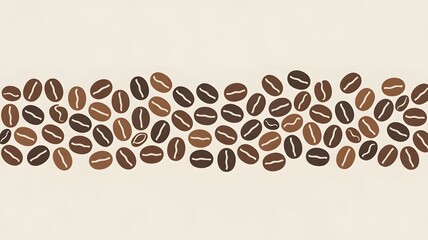 Graphic illustration of various roasted coffee beans in different shades of brown forming a horizontal pattern on a light beige background perfect for cafe menu