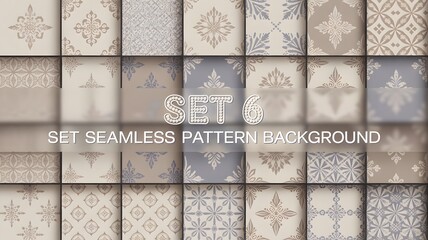 A beautiful collection of elegant decorative seamless patterns showcasing intricate vintage floral and geometric motifs in muted beige brown and blue grey tones