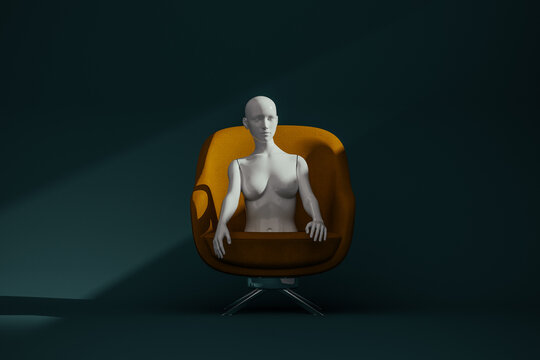 Mannequin sits in armchair against dark background with soft light