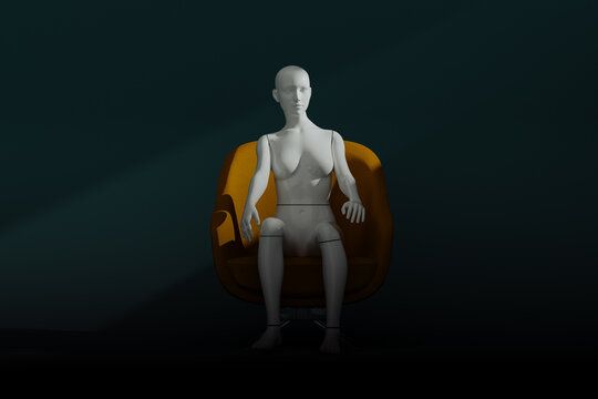 Mannequin sits in armchair against dark background with soft light