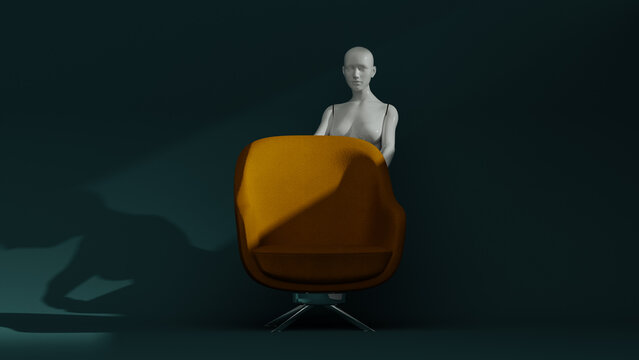 A mannequin is placed in a modern armchair with a simple design