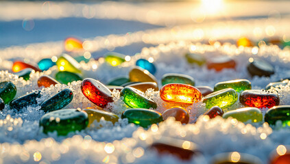 Colorful Glass Beads Scattered on Sandy Beach