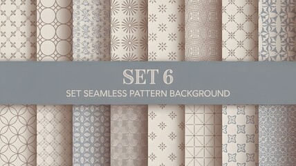 A collection of elegant neutral seamless patterns in a variety of classic geometric and subtle floral designs creating a decorative background set with soft lig