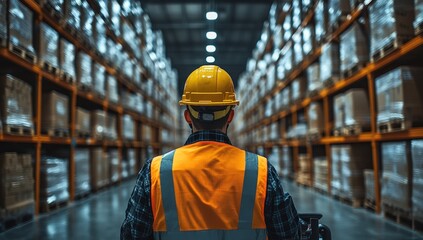 Back view of worker in hardhat and vest navigating a massive warehouse full of stacked goods