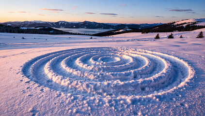Intricate Snow Spiral in Serene Mountain Landscape at Sunset