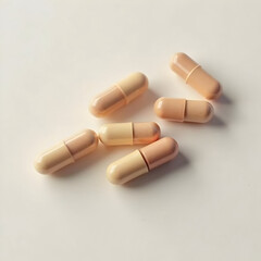 Beige supplement capsules on a white surface