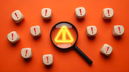 Warning Magnifying Glass Exclamation Mark Danger Orange Background
