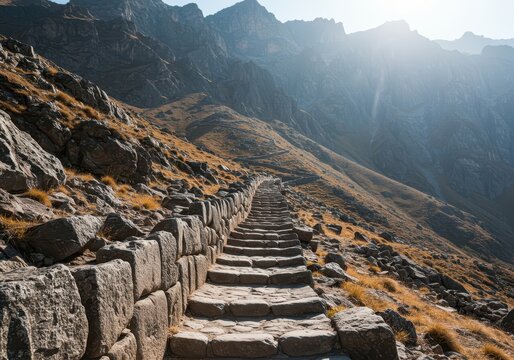 Ancient stone steps winding steeply up the rocky slope of a large mountain range under a bright sky, suggesting a challenging journey ,high, solid, destination