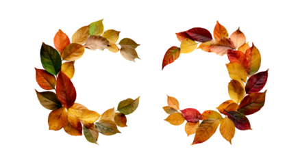 Two crescent shapes comprised of various fall-colored leaves, set against black