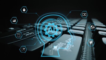 Artificial Intelligence Icons on Keyboard Representing Technology, Innovation, and Future Trends in Digital Communication and Automation Gluon.