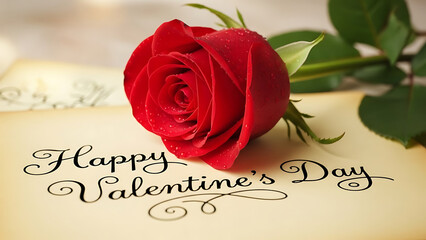 Vintage Happy Valentines Day Card with Red Rose on Parchment