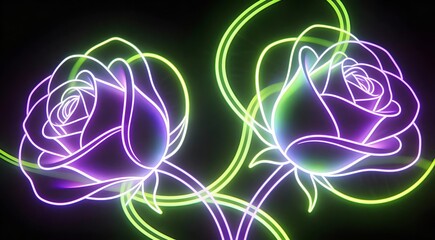 Intertwined Abstract Roses Neon Line Art Violet Lime Green Glow Black Background Vector