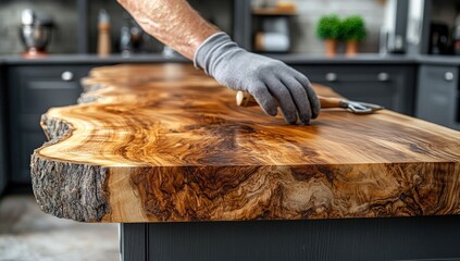 Gloved hand caresses a beautiful live-edge wooden countertop in a modern kitchen, highlighting craftsmanship
