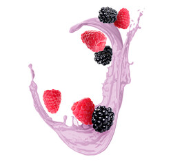 Plakat Milk shake splash and berries in air on white background