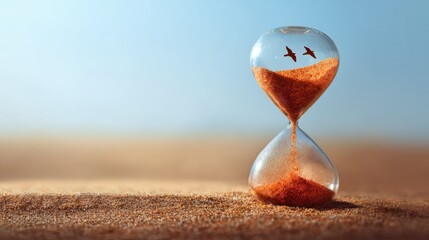 Abstract Hourglass With Sand Flowing Under Bright Daylight Sky, Silhouettes of Birds Suggest Sounds and Sunlight, Effective for Energy Campaigns and Clock Stocks