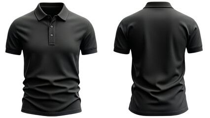 Front and back view of a black polo shirt on a mannequin