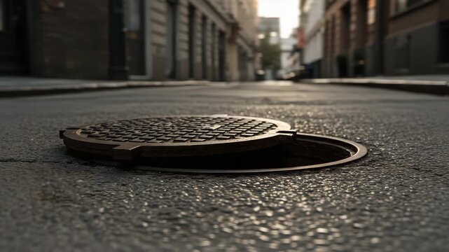 Heavy metal manhole cover on empty asphalt urban street with dim light during the day.