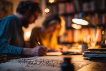 Practicing calligraphy together in a cozy workspace with a woman writing and a man observing during a creative evening session