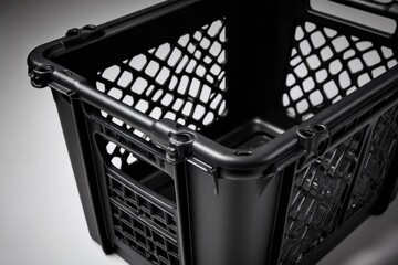 A detailed close-up captures an empty black industrial plastic storage crate with its characteristic perforated sides and reinforced handles, perfect for logistical and retail applications.