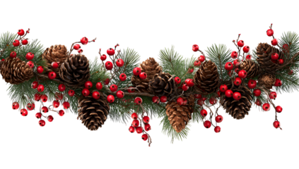 A festive garland comprised of pine needles, berries, and pinecones over a black background