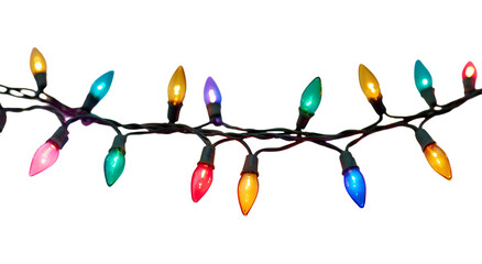 A strand of colorful, twinkling lights against a stark black background