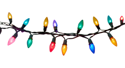A strand of colorful, twinkling lights against a stark black background