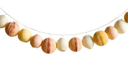 A garland of pastel paper lanterns, hanging against a stark black background