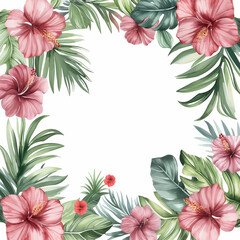 Fototapeta premium Tropical floral frame with leaves and flowers on white background. Summer design concept.