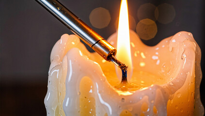 Close-up of Lit Candle Wick with Melting Wax
