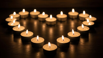 Serene collection of lit tea lights arranged on a dark wooden surface creating a peaceful ambiance with soft warm glow and gentle reflections