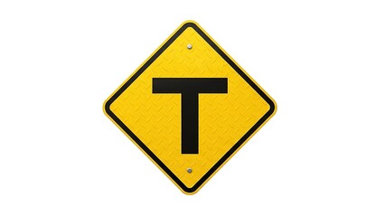 Yellow T intersection road sign with black border and lettering