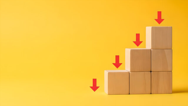 Business Decline Trend Wooden Cubes Red Arrows Yellow