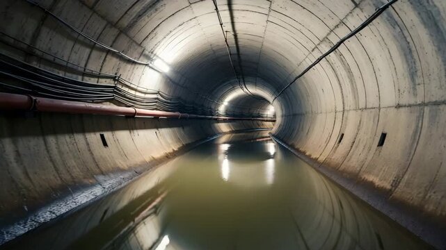 Subterranean concrete pipe tunnel with utility lines and reflective water illustrating infrastructure and construction
