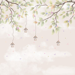  A gentle wallpaper brings nature, calm child’s room, birdhouses, little birds art decor  © Mondal_01