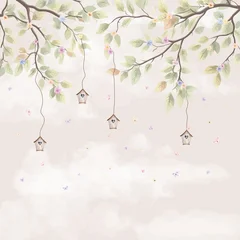  A gentle wallpaper brings nature, calm child’s room, birdhouses, little birds art decor  © Mondal_01