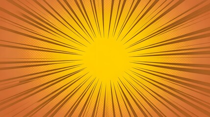 A vibrant yellow and orange radial sunburst comic book style background with radiating lines and halftone dots creating a dynamic and energetic pop art effect