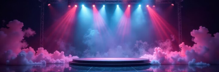 Elevated stage with pulsating lights and thick smoke effects , art, energy, abstract