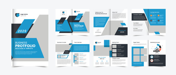 Modern Blue Corporate Business Portfolio Brochure Template Showcasing Professional Services Strategy Innovation and Team Excellence