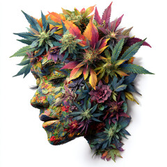 Woman face made of colorful cannabis leaves and flowers