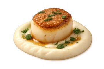 Seared scallop resting on a smooth, white puree, drizzled with sauce, and garnished with green herbs, ready to eat