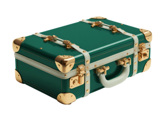Elegant, emerald green suitcase with gold accents and cream-colored straps and handle