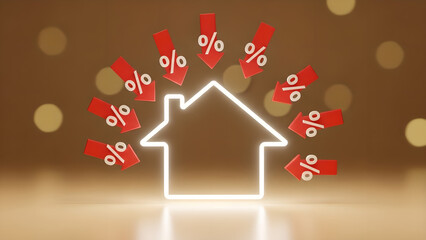 House Mortgage Rate Down Red Arrows Bokeh Background