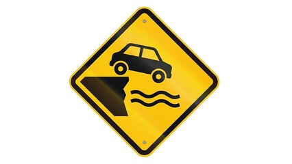 Road sign warns of potential car accident ahead with water