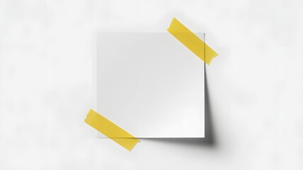 Blank white square paper attached with bright yellow masking tape to a textured white wall creating a simple minimalist background design template