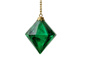 Emerald-colored, diamond-shaped jewel pendant suspended by a delicate golden chain